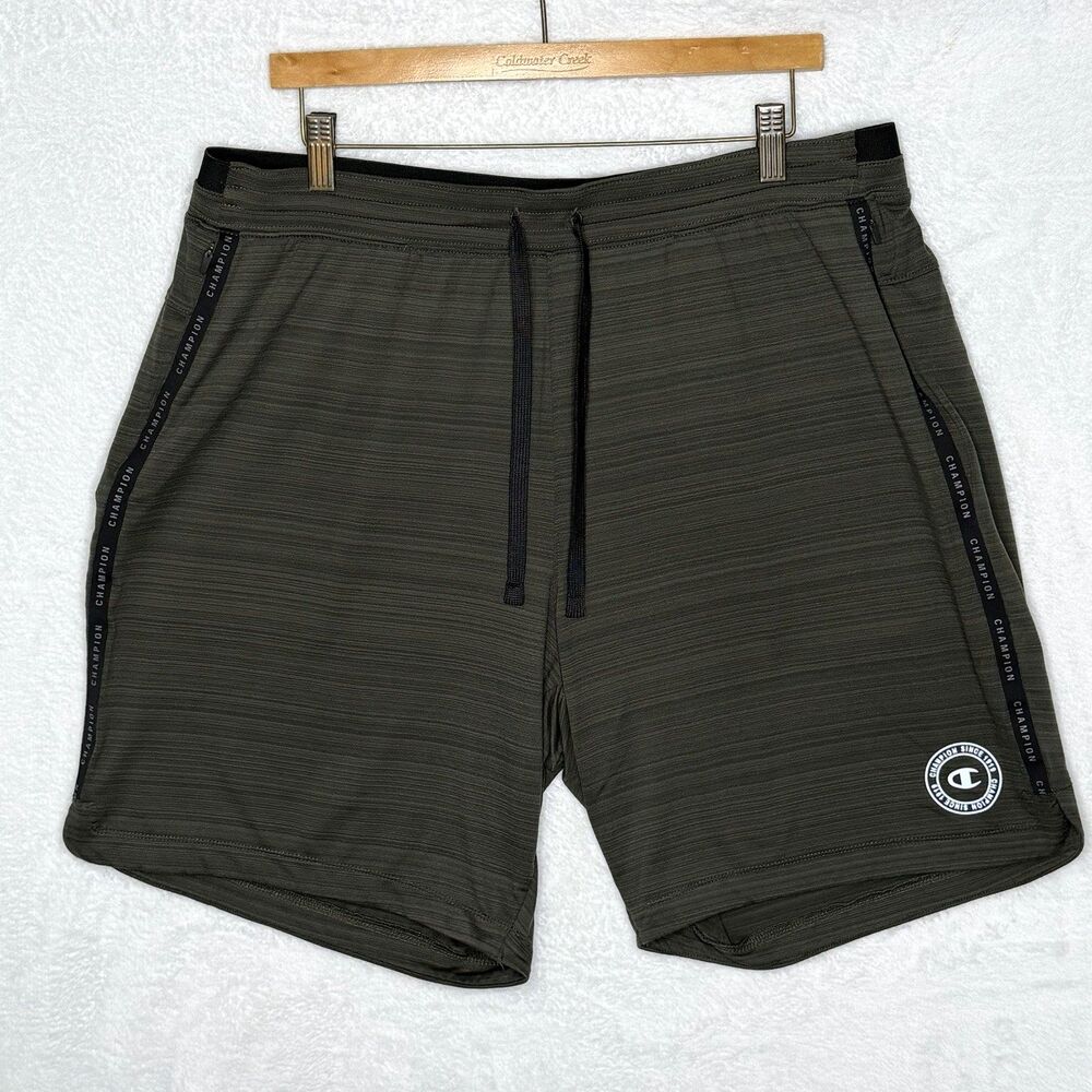 Champion Shorts Men's XXL Green Striped Athletic Stretch Logo Casual Shorts